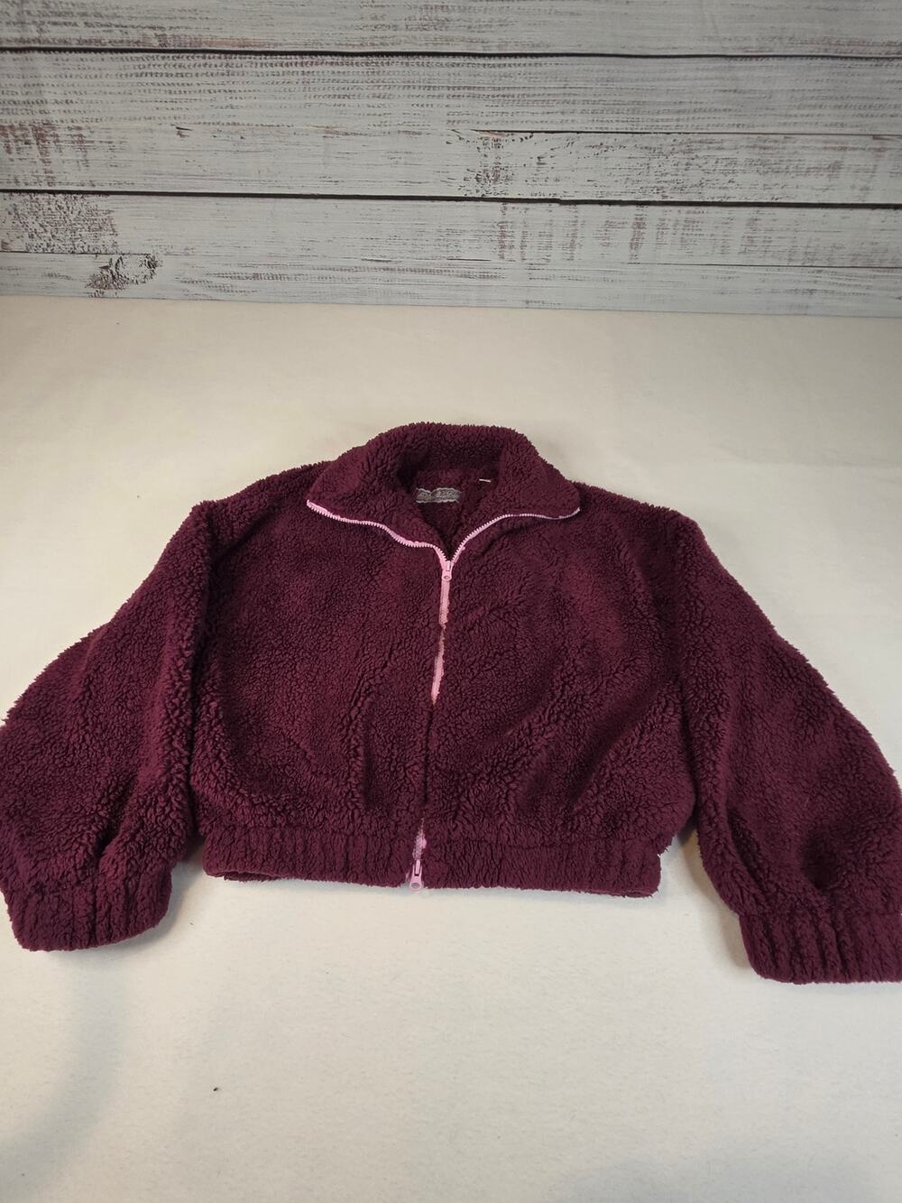 Kimchi Blue Snow Bunny Fleece Jacket Burgundy Pink Piping Urban Outfitters XS